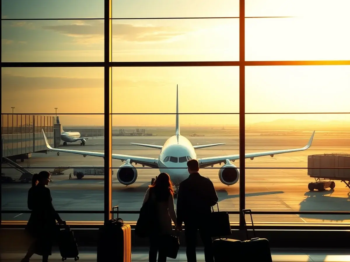 Passengers watching an aircraft from an airport terminal