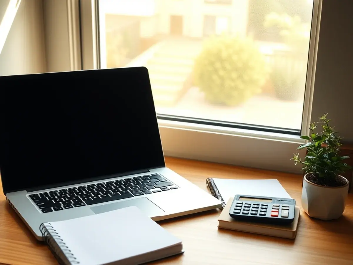 Closed laptop and calculator on a student workspace