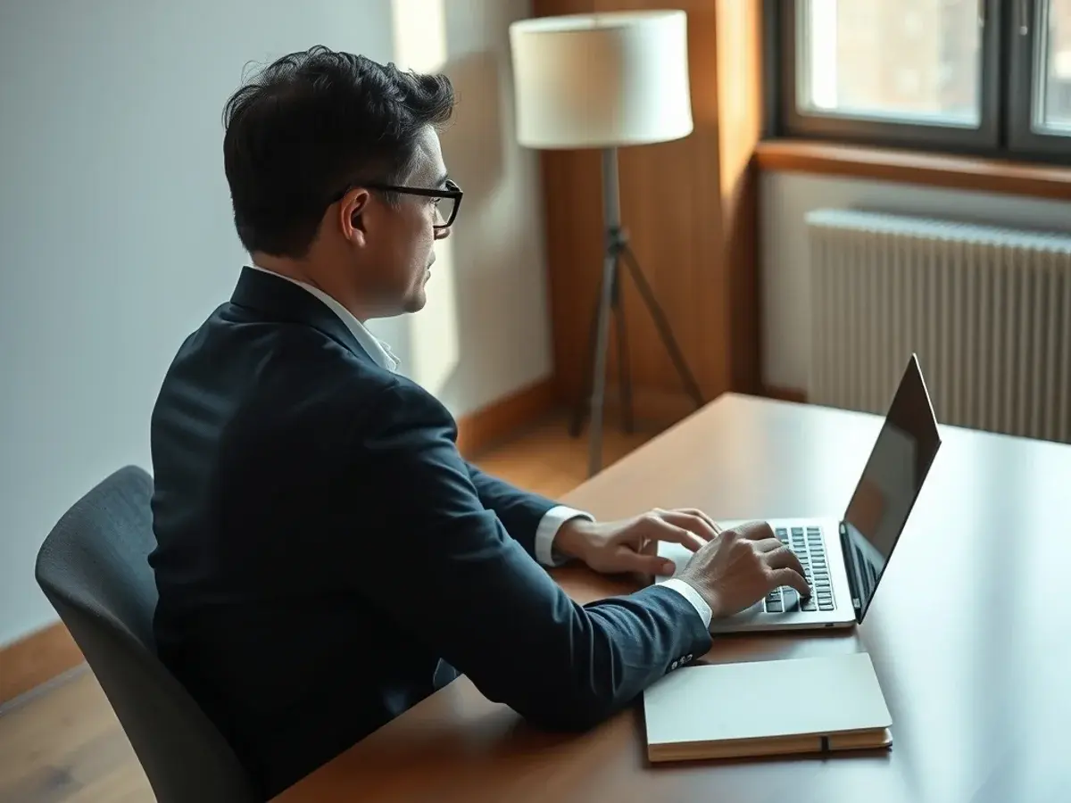 Editor working at a laptop in a quiet contemporary office